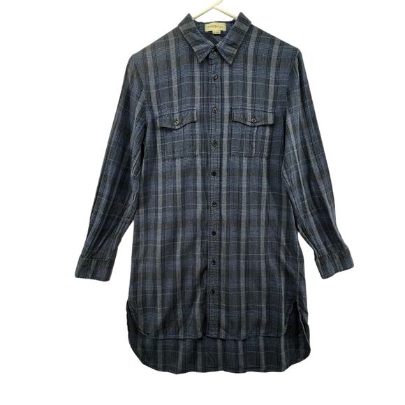 Golden by TNA Size XS Shirt Button Up Front Tunic Long Length Plaid Cotton Blue - Picture 1 of 3